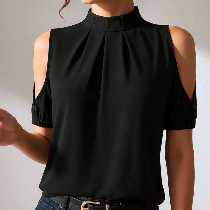 Kasia™ – Sort Plisseret Bluse Med Delte Ærmer