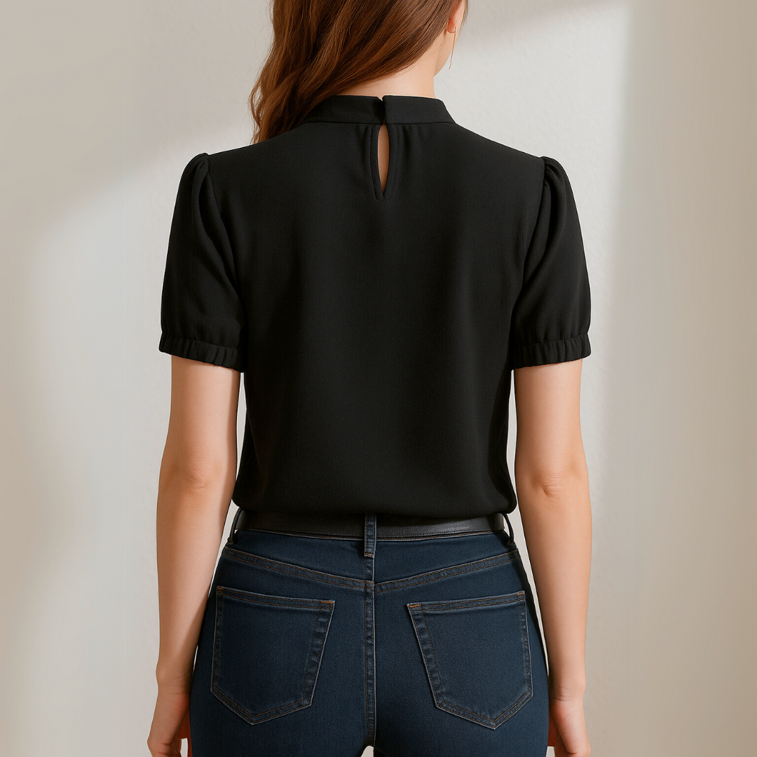 Kasia™ – Sort Plisseret Bluse Med Delte Ærmer