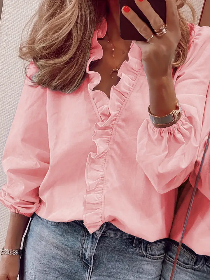 Siv™ | V-ringad Blus med Volangdetaljer